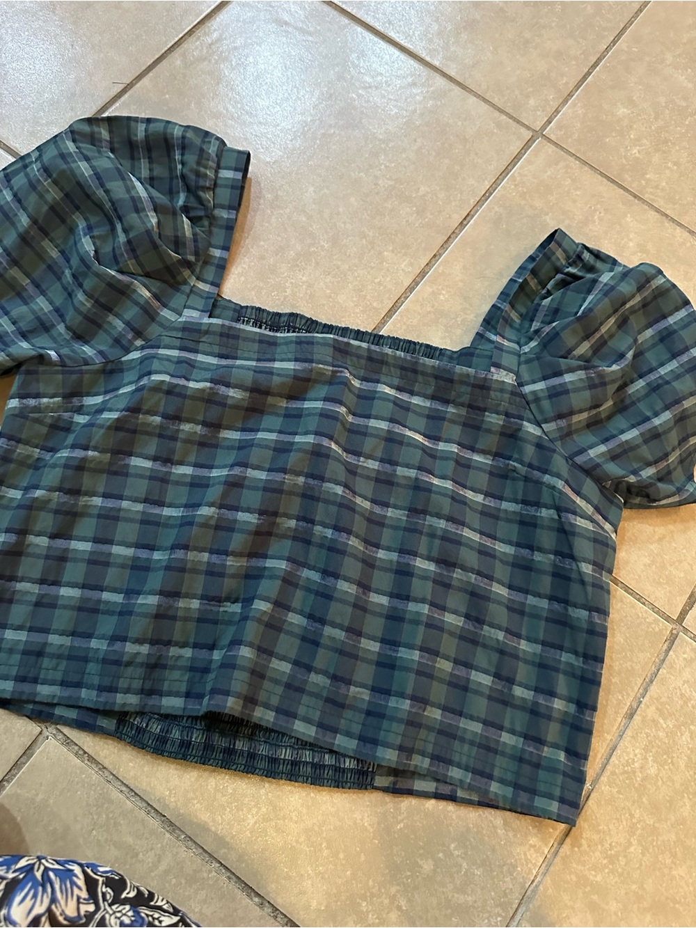 Madewell Plaid Off-Shoulder Top in Blue and Green size Large